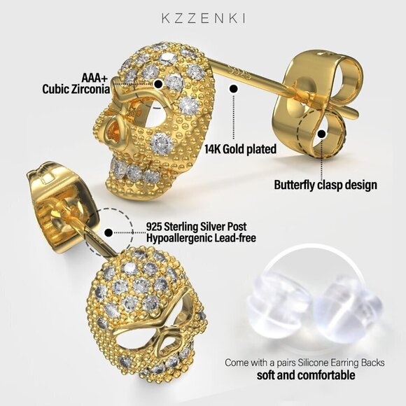 Women Gold Skull Earrings Sterling Silver Post Cubic Zirconia Stud Goth Jewelry, - Picture 2 of 6